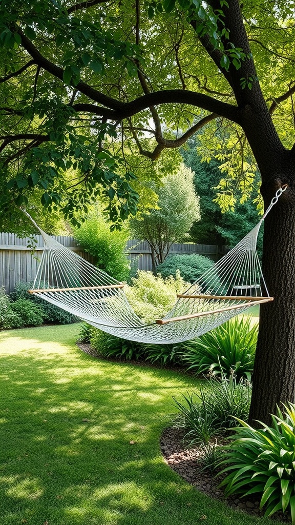 A hammock hanging between two trees in a lush garden, surrounded by greenery.