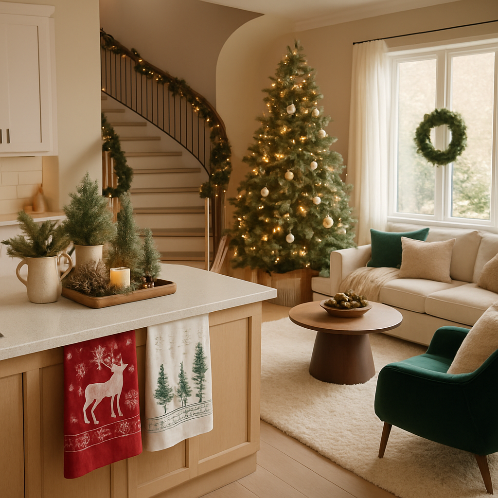 Eine einladende Küche mit Weihnachtsbaum, winterlichen Handtüchern und festlicher Dekoration.