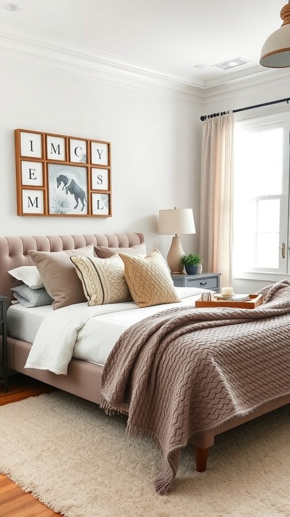 A cozy bedroom featuring a tufted headboard, layered pillows, a warm throw blanket, and natural light.