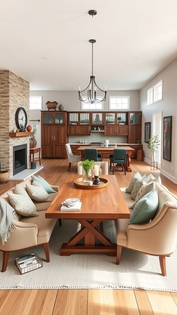 A cozy rustic farmhouse living room with a large wooden table, soft chairs, and a stone fireplace.