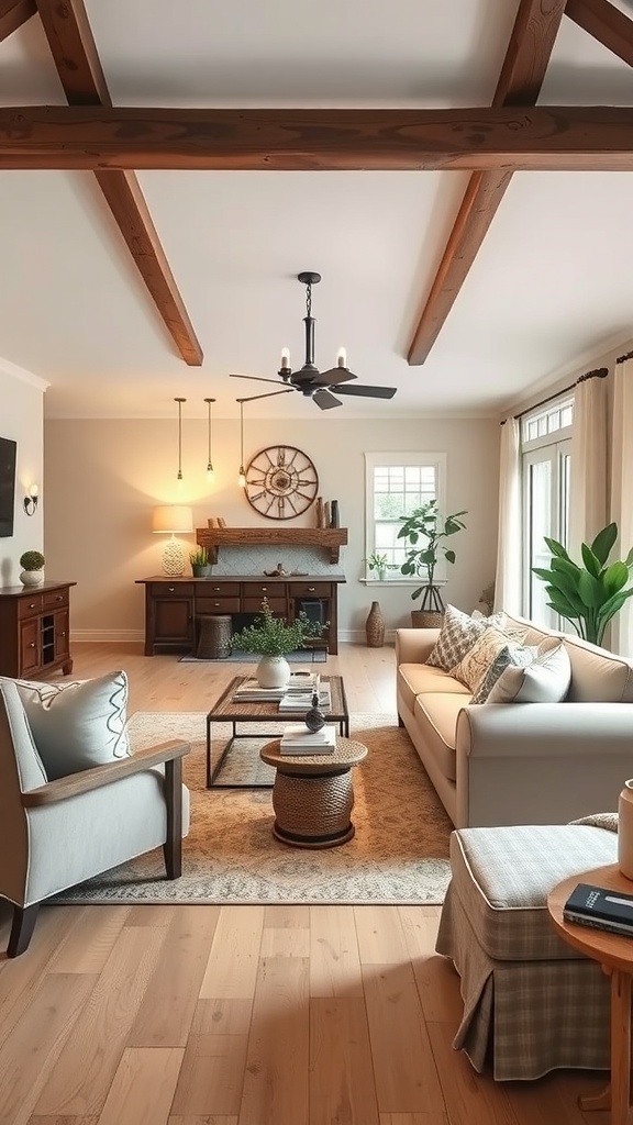 A cozy living room with neutral colors, wooden beams, and inviting furniture.
