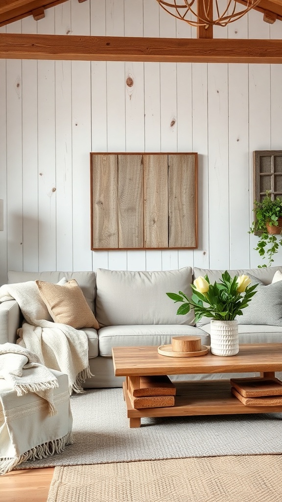 Cozy living room with neutral colors and rustic decor.