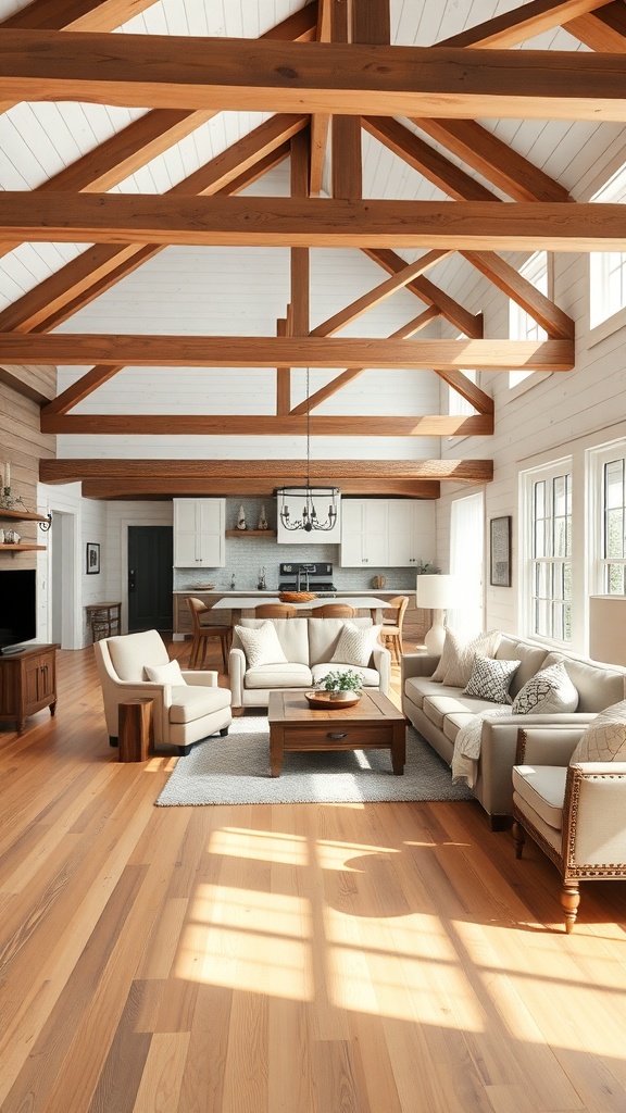 Open-concept living space with wooden beams and cozy furniture