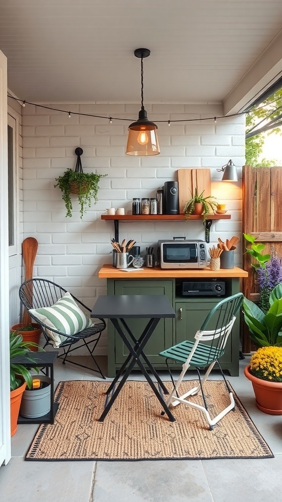 A cozy outdoor coffee setup with a small table, chairs, and plants.
