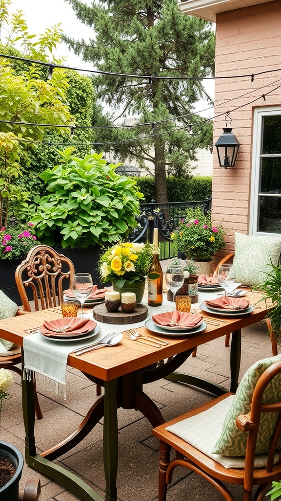 A beautifully arranged outdoor dining table with flowers and tableware.