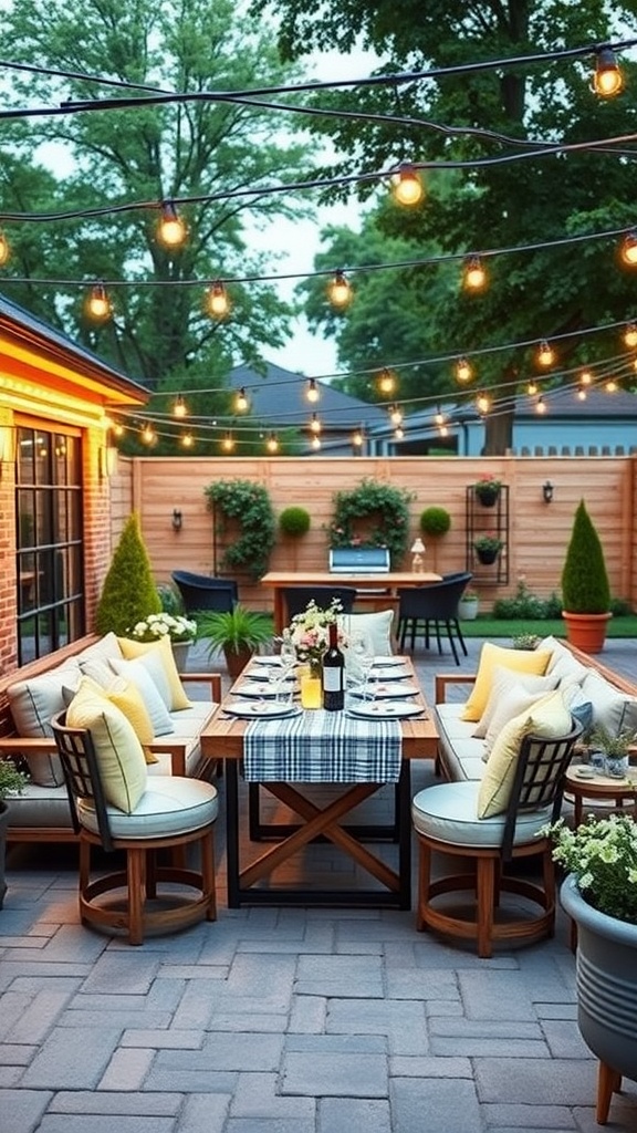 A cozy outdoor dining area with a wooden table, comfortable chairs, string lights, and potted plants.