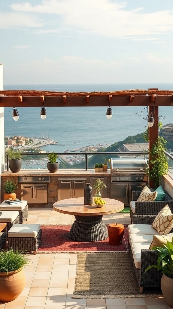 Einladende Dachterrasse mit Außenküche, Sitzgelegenheiten und Blick auf das Wasser