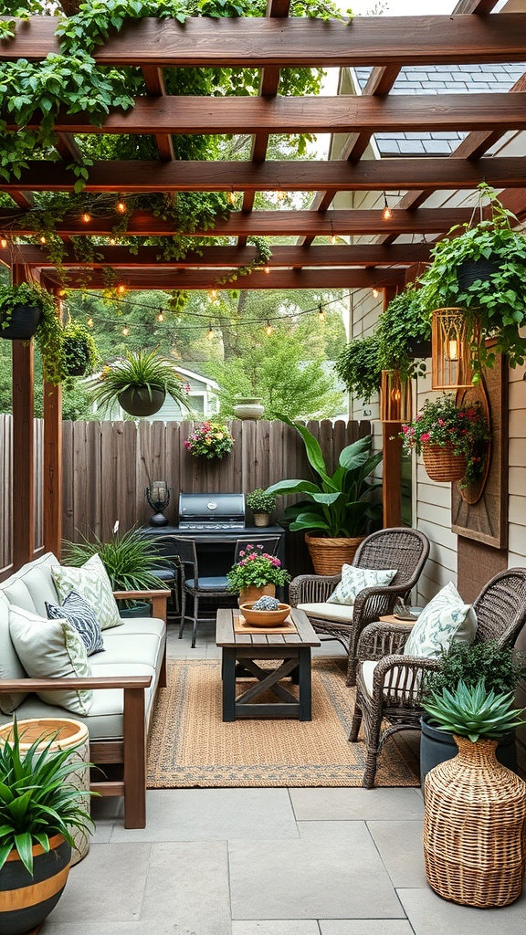 Cozy outdoor patio with string lights, comfortable seating, and lush plants.