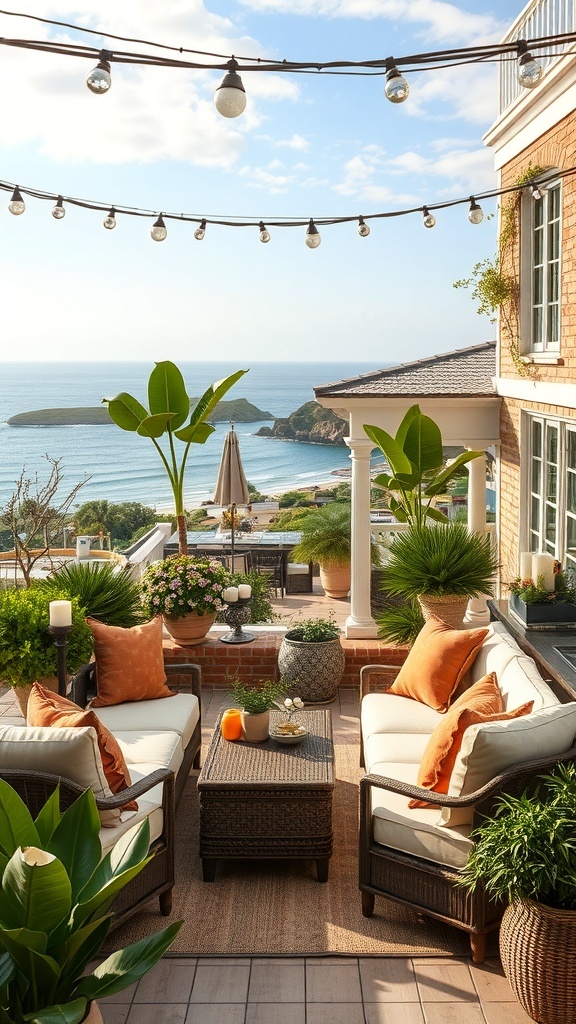 Gemütliche Outdoor-Leseecke mit Blick auf das Meer, umgeben von Pflanzen und warmen Farben.