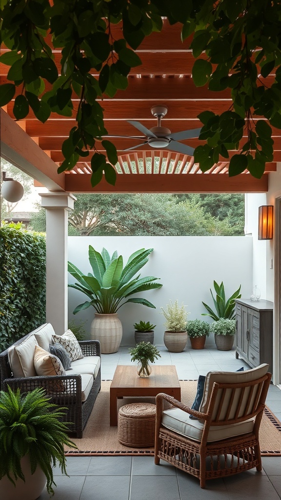 Cozy outdoor patio with comfortable seating and lush greenery