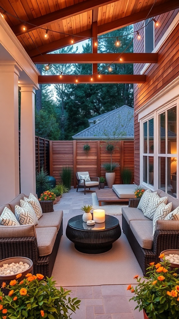 A cozy outdoor patio with wooden beams, comfortable seating, and vibrant flowers.