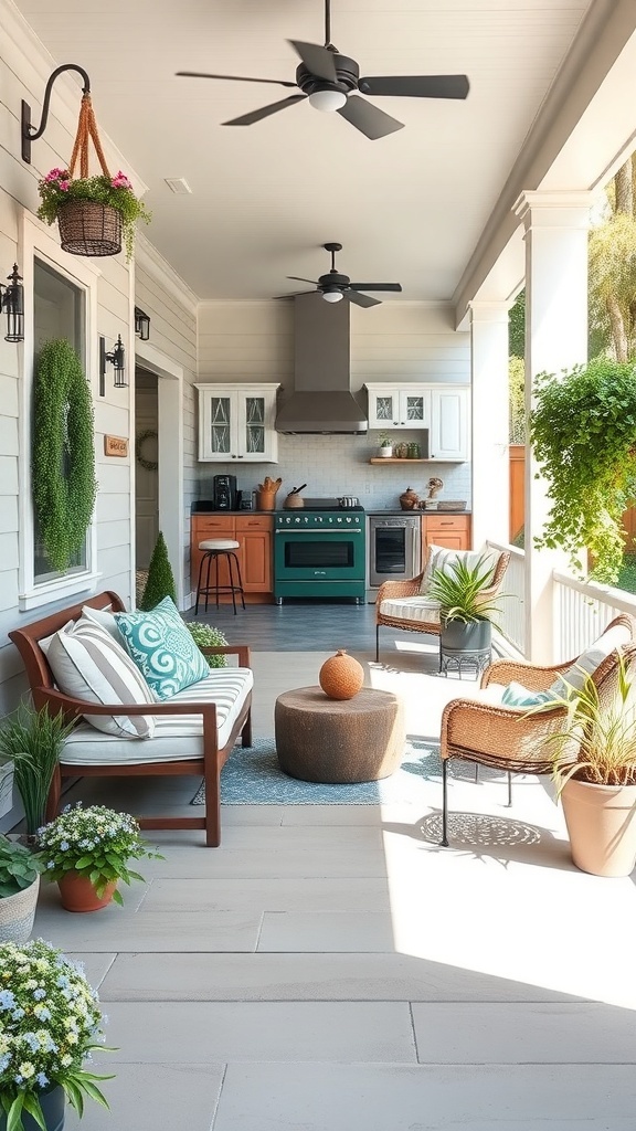 A cozy modern farmhouse porch with comfortable seating, potted plants, and an outdoor kitchen area.