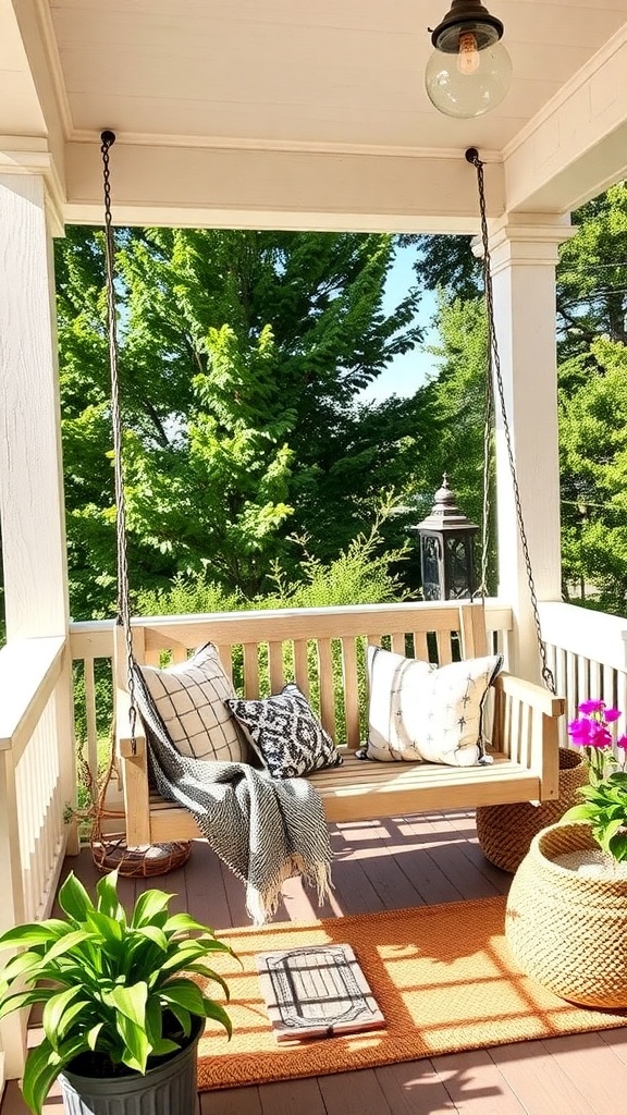A cozy porch swing with cushions and a throw blanket, surrounded by greenery.
