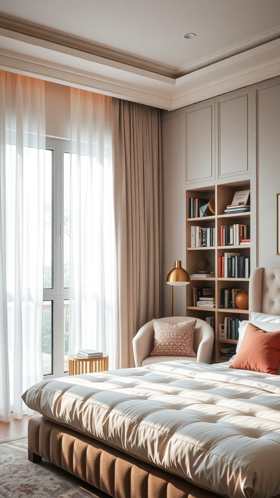 Cozy reading nook in a luxury bedroom with a comfortable chair, side table, and bookshelf.