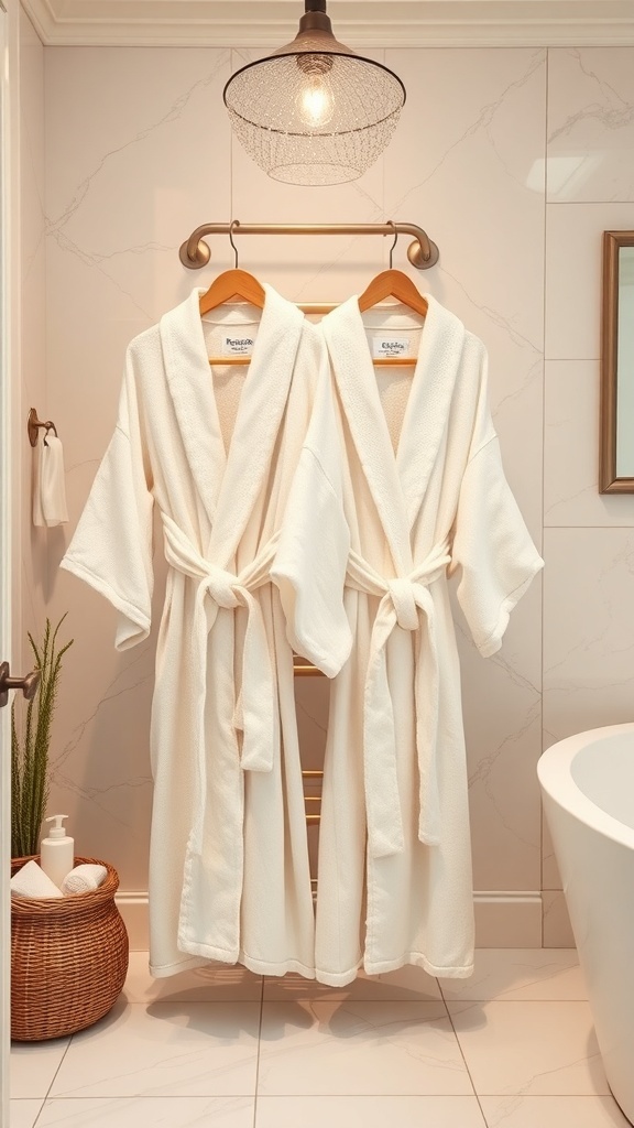 Two white spa robes hanging in a bathroom, ready for couples to enjoy a relaxing experience.