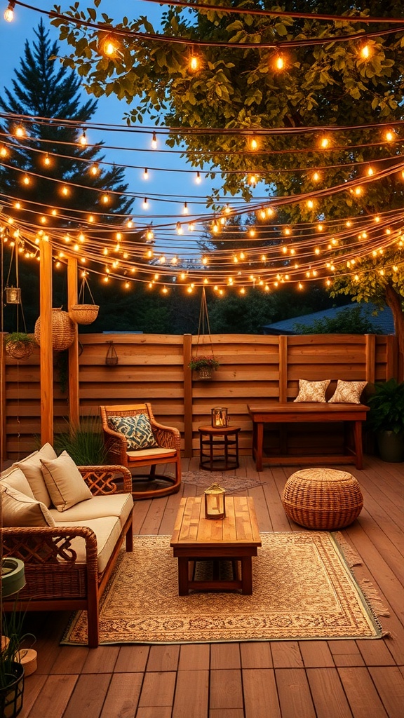 A cozy patio with string lights overhead, featuring comfortable seating and a warm atmosphere.
