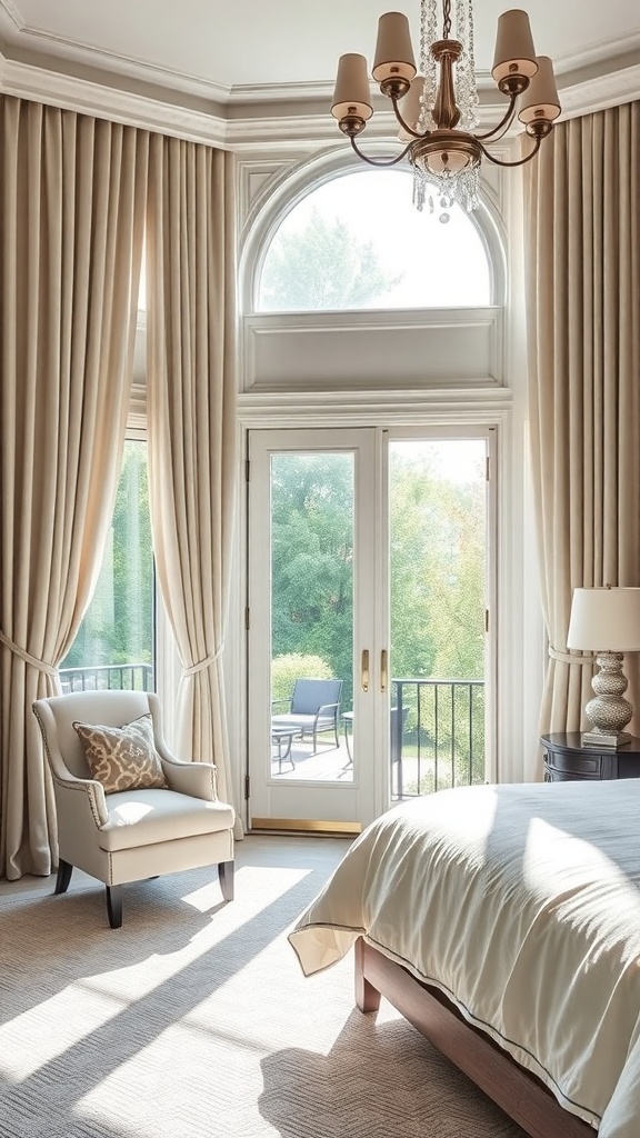 A cozy bedroom with elegant window treatments, featuring soft beige drapes and a chandelier.