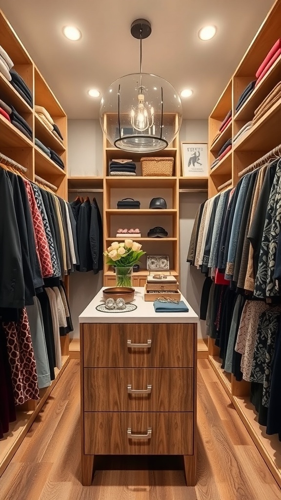 A spacious walk-in closet featuring an island centerpiece for storage, with clothes hanging on both sides and a warm wood floor.