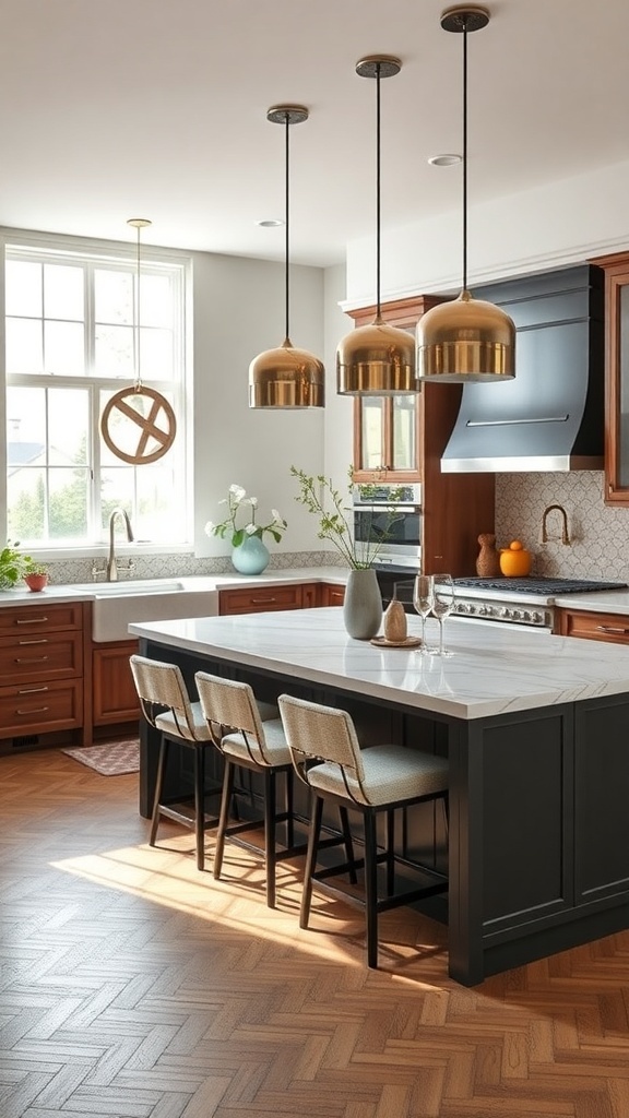 Modern kitchen island with built-in seating and pendant lights