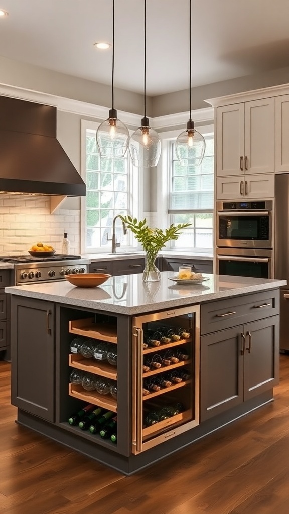 A modern kitchen island featuring a built-in wine cooler and storage, with pendant lighting and a sleek design.