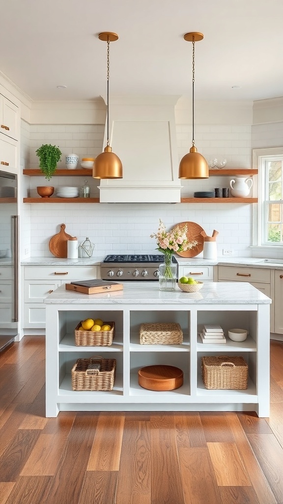 Modern kitchen island with open shelving displaying fruits, plates, and decorative items.