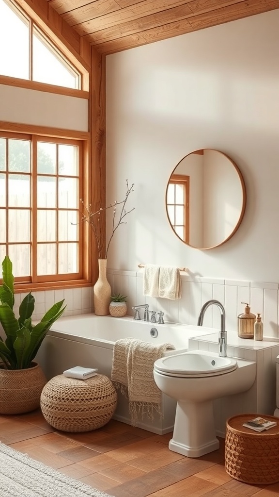 A modern Japandi-inspired bathroom featuring natural wood elements, plants, and a serene atmosphere.