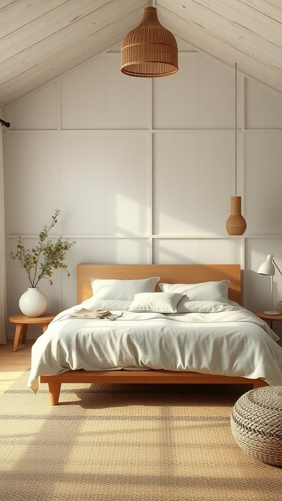 A serene Japandi bedroom featuring warm wood tones, soft textiles, and organic elements like plants.