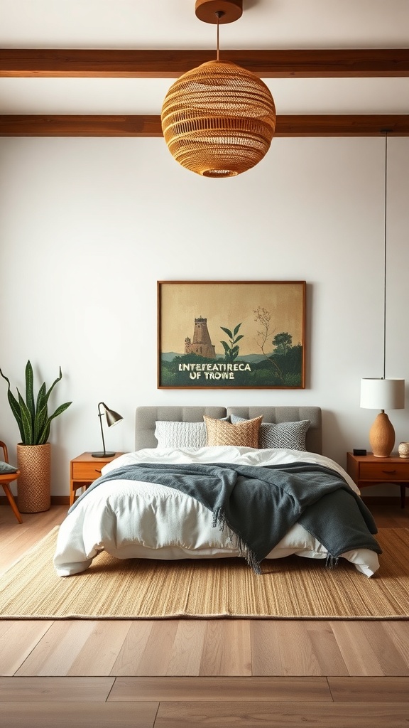 A cozy Japandi bedroom featuring a statement wall with artwork, a stylish bed, and natural decor.