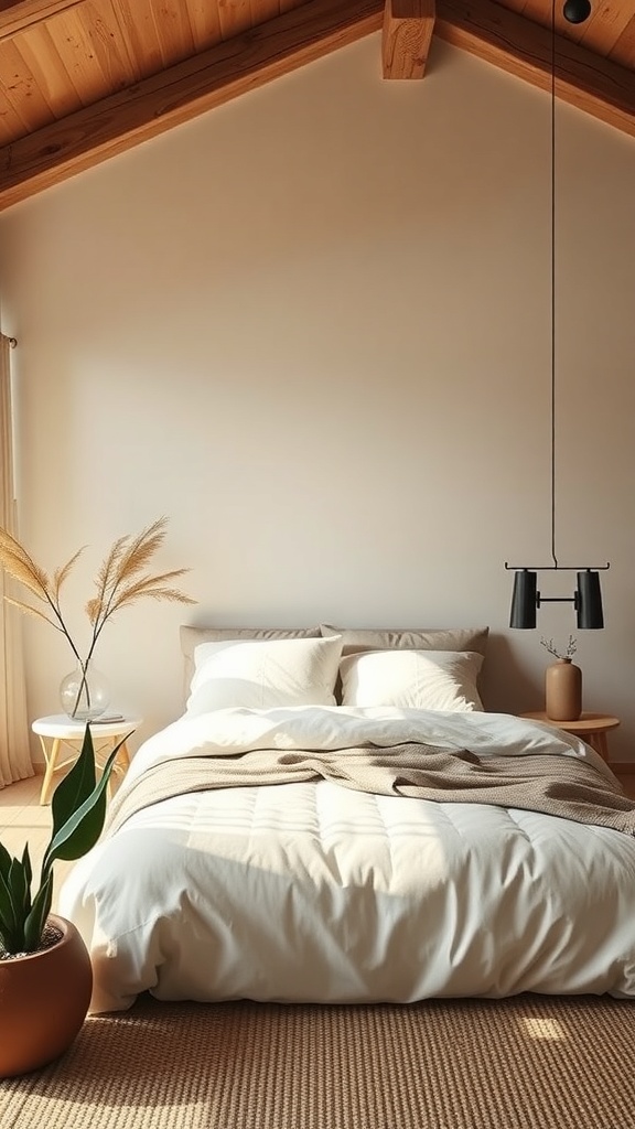 A minimalist bedroom featuring a cozy bed, natural wood accents, and soft lighting.