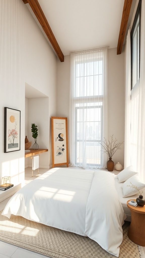 A serene bedroom featuring Japanese-inspired art, showcasing a calm and minimalist design.