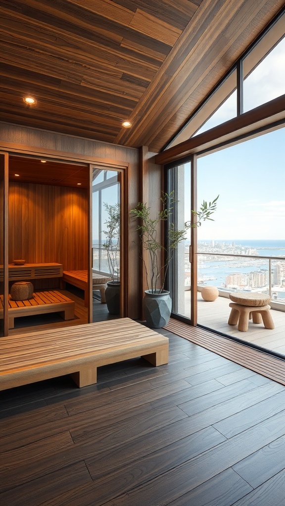A Japanese-inspired sauna with wooden interiors and large windows overlooking a scenic view.