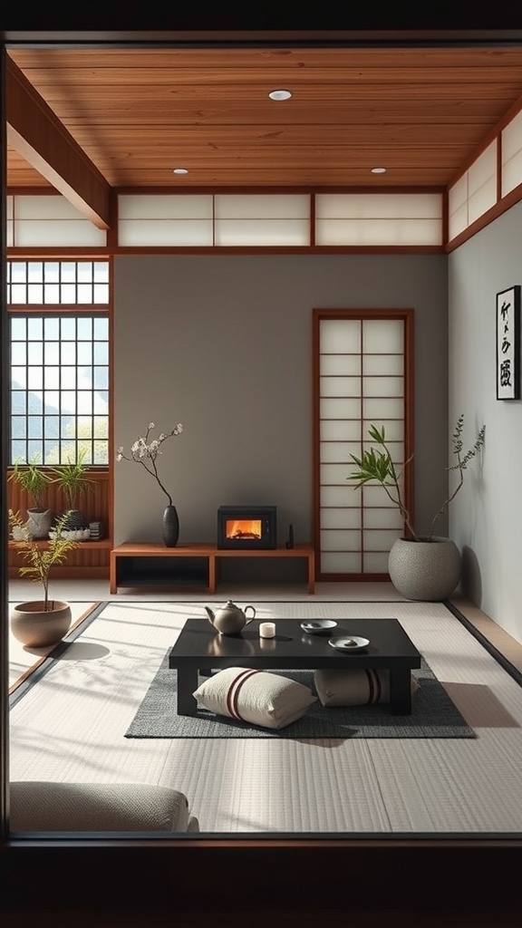 A serene Japanese-inspired tea nook featuring a low table, floor cushions, and natural decor.