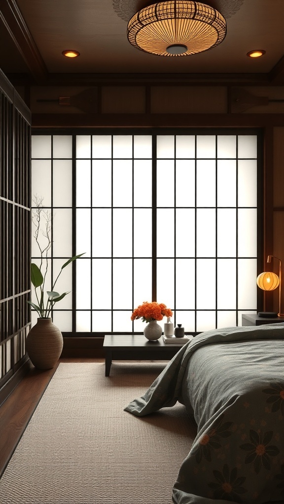 A cozy bedroom featuring a large shoji screen, soft lighting, and a minimalist design.