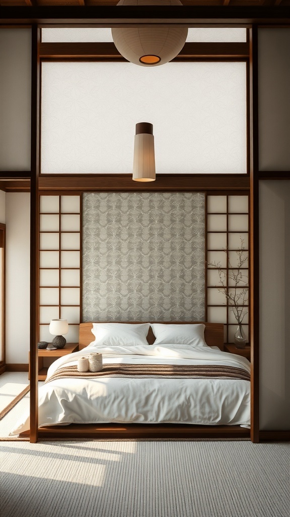 A serene bedroom featuring Japanese shoji screens, a cozy bed, and soft lighting.