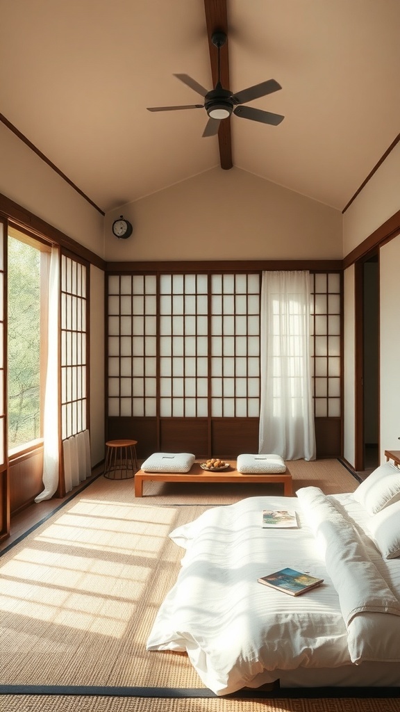 A serene bedroom featuring Japanese Shoji screens, natural light, and minimalist decor.