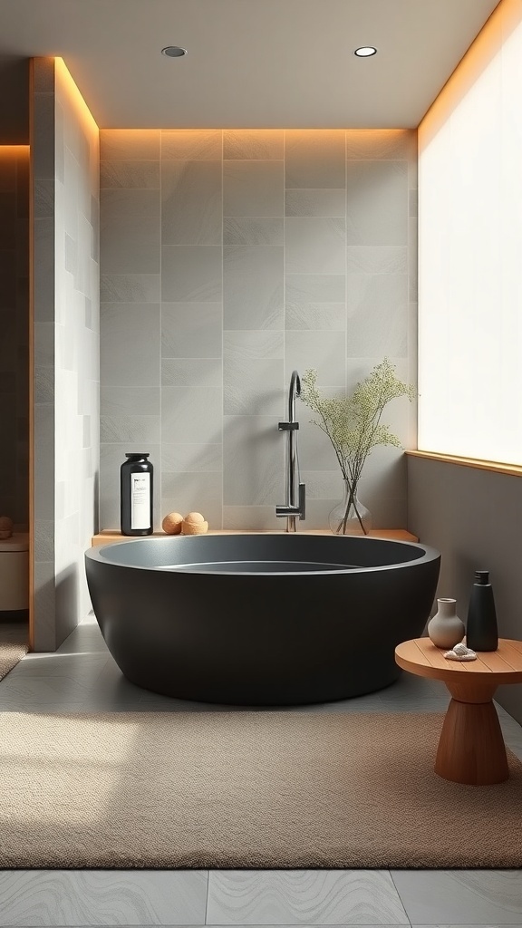 A modern Japanese soaking tub in a minimalist bathroom with warm lighting and natural accents.
