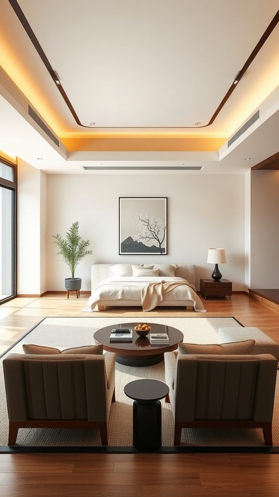 A minimalist bedroom and living room inspired by Japanese tea ceremony, featuring low furniture, warm lighting, and natural elements.