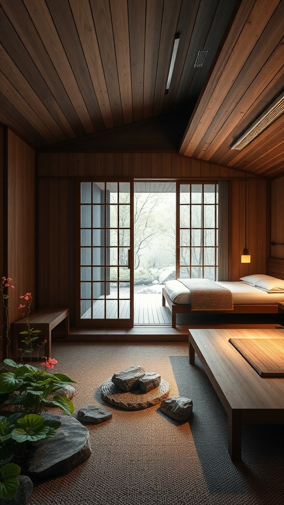 Interior of a Japanese Zen sauna retreat featuring wooden walls, a small garden, and a cozy bed.