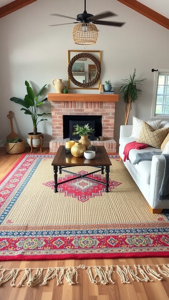 A cozy living room featuring a layered jute rug, colorful accents, and natural decor elements.
