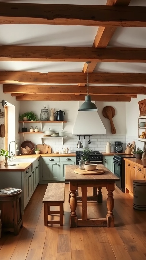 Eine gemütliche Landhausküche mit Holzmöbeln, einem großen Tisch und offenen Regalen.