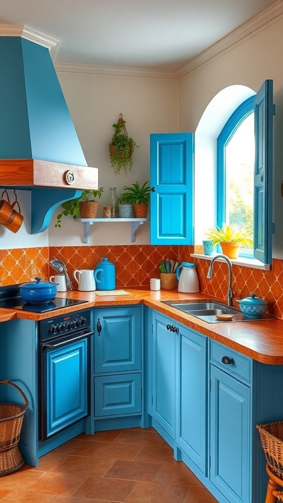 Helle mediterrane Küche mit blauen Schränken und großen Fenstern