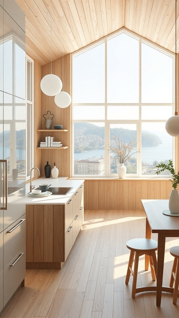 Helle skandinavische Küche mit großen Fenstern und Holzverkleidung