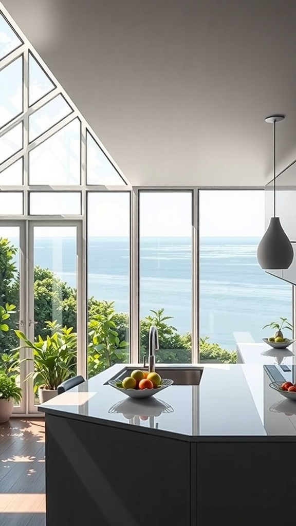Moderne Küche mit großen Fenstern und Blick auf den Garten