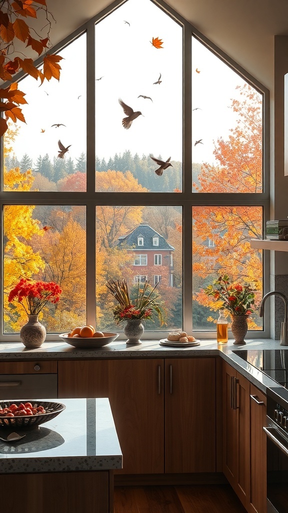 Küche mit großen Fenstern, die auf herbstliche Natur blicken, mit bunten Blättern und Vögeln im Hintergrund.