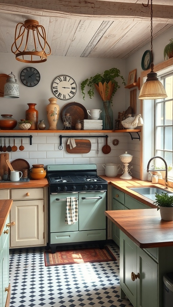 Eine gemütliche, vintage Küche mit grünen Schränken, Holzregalen und einer zentralen Insel, dekoriert mit Geschirr und frischen Früchten.