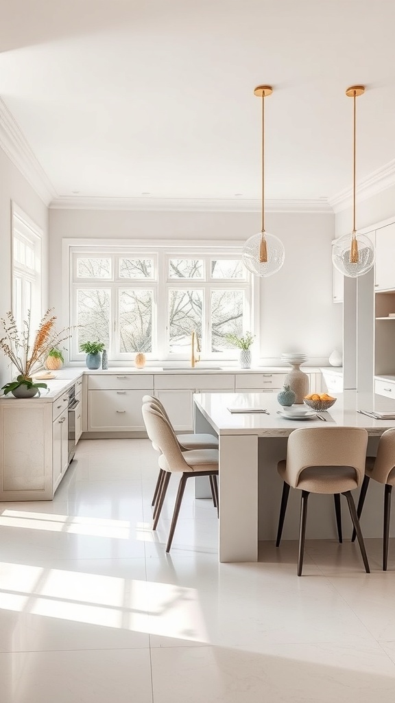 Moderne Küche mit eleganten Essbereich, großen Fenstern und stilvollen Möbeln