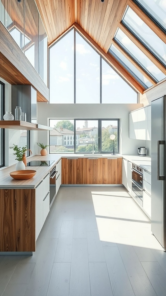 Moderne Küche mit Holz- und Metallkombinationen, großen Fenstern und hellem Raum