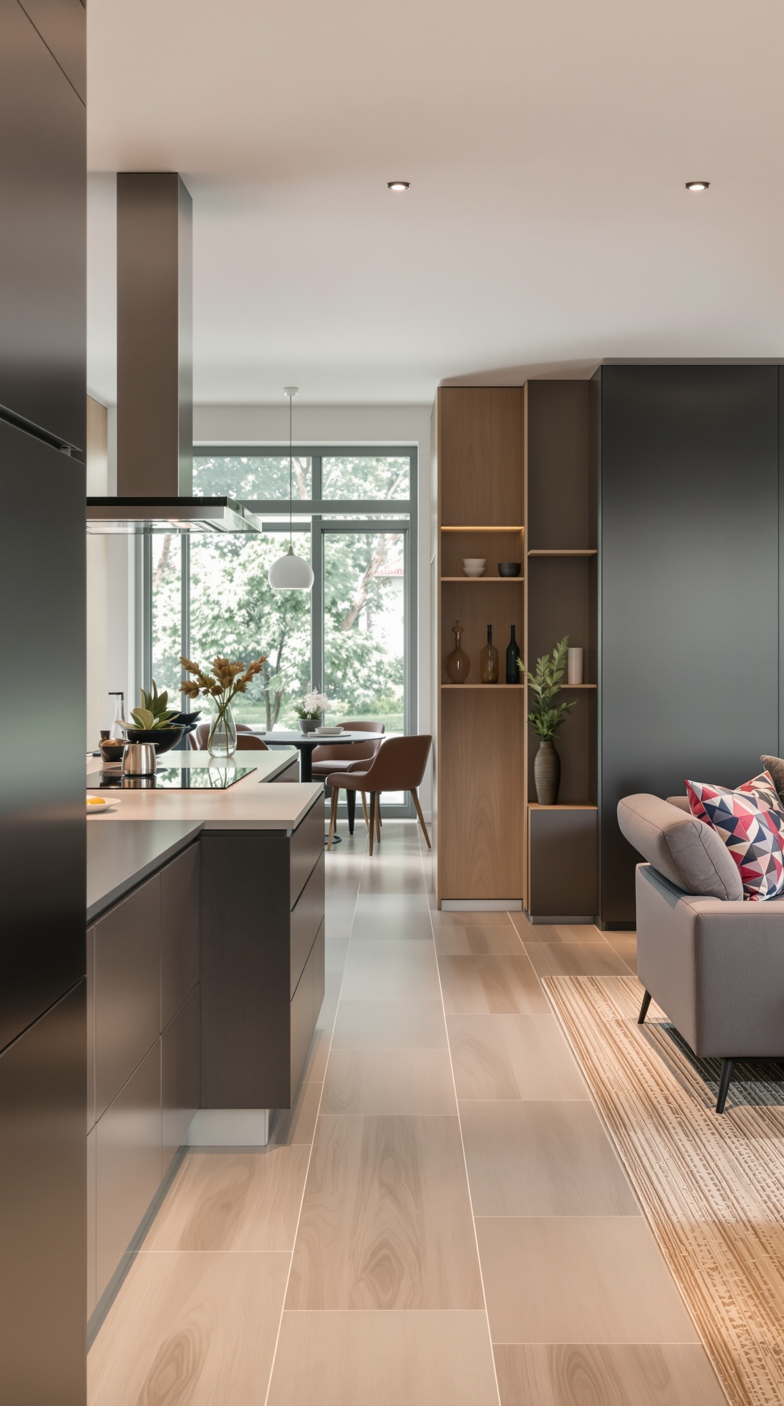 Moderne Küche mit integriertem Wohnbereich, helles Design und stilvolle Akzente