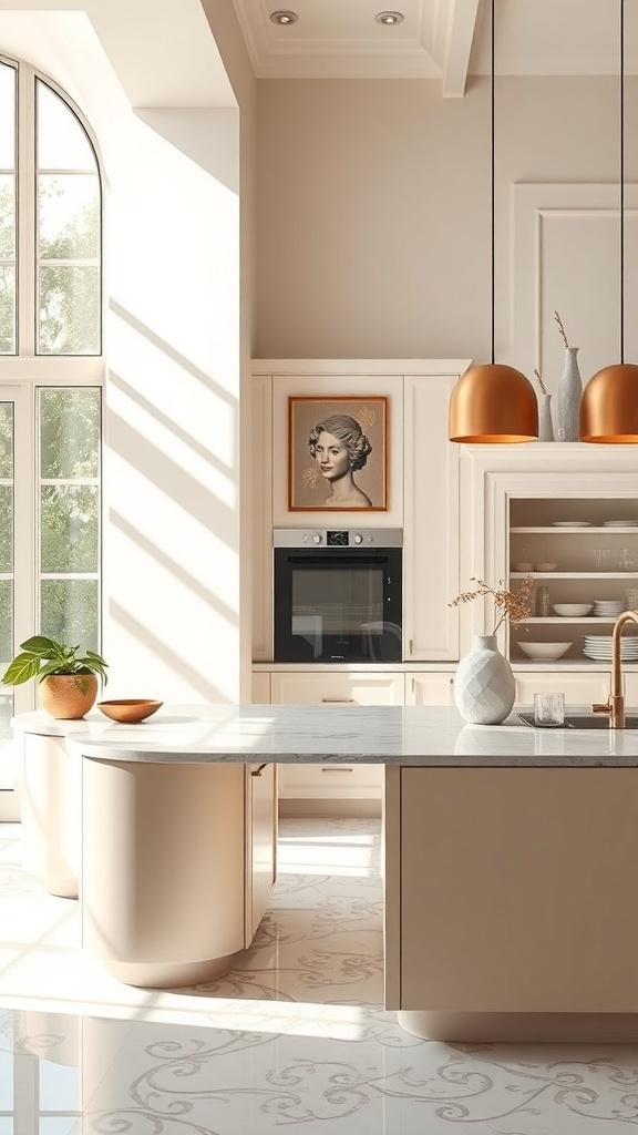 Moderne Küche mit künstlerischen Akzenten, helle Farben, große Fenster und elegantes Design