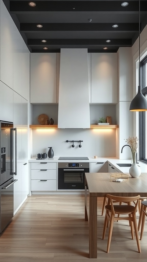 Moderne Küche mit klaren Linien, weißen Schränken und Holzdetails